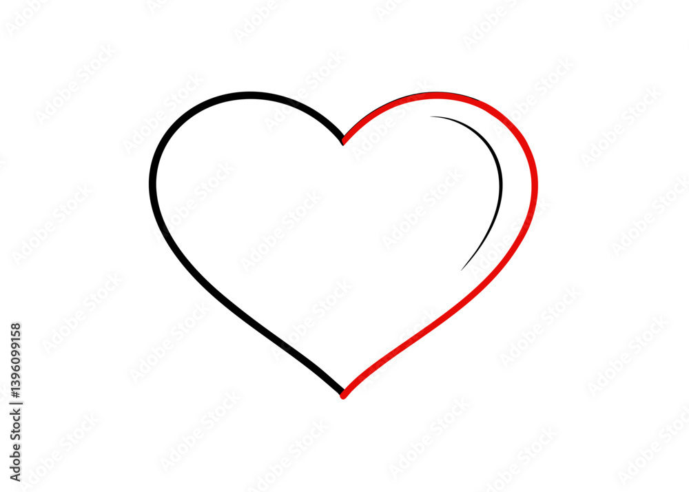 Half-Heart: A minimalist line drawing depicts a heart divided into two halves, with one side in black and the other in red, symbolizing balance, love, and unity. Half-Heart: A minimalist line drawing depicts a heart divided into two halves, with one side in black and the other in red, symbolizing balance, love, and unity.