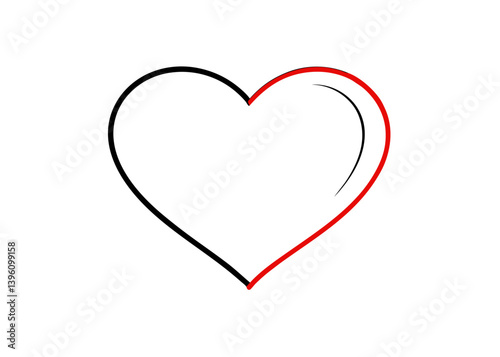 Half-Heart: A minimalist line drawing depicts a heart divided into two halves, with one side in black and the other in red, symbolizing balance, love, and unity. 