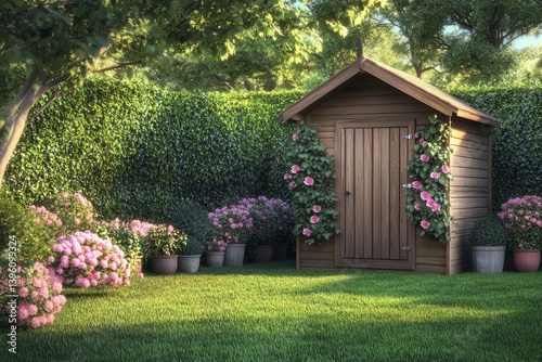 Charming wooden garden shed nestled in an english backyard with lush greenery and blooming flowers