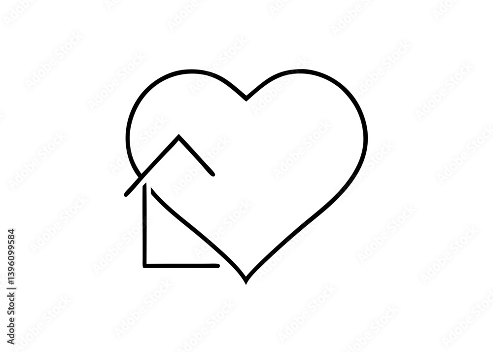 Home Sweet Heart: A minimalist line art design portrays a loving home symbol, where a house nestles within a heart, representing home and affection.