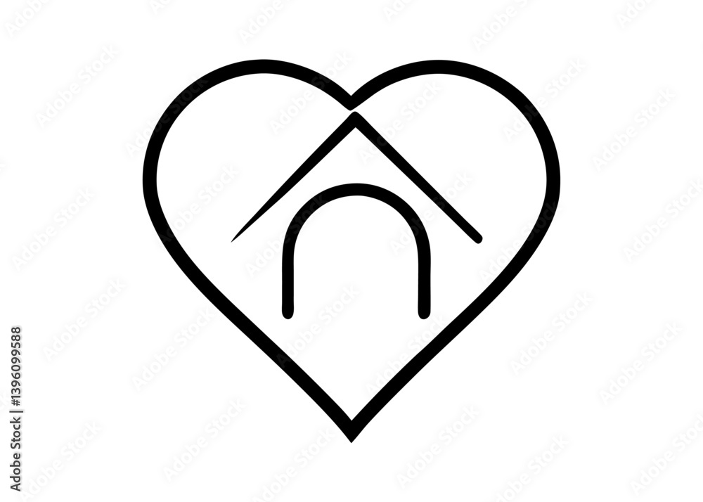 Home Sweet Home Symbol: A simple and elegant line drawing of a house silhouette nested within a heart, symbolizing the love and security found within the home. Home Sweet Home Symbol: A simple and elegant line drawing of a house silhouette nested within a heart, symbolizing the love and security found within the home.