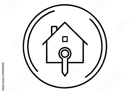 House Key Icon: A minimalist line art icon presents a house silhouette with a key, encircled within a sophisticated design, perfectly embodying property and home ownership.