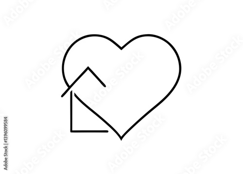 Home Sweet Heart: A minimalist line art design portrays a loving home symbol, where a house nestles within a heart, representing home and affection.