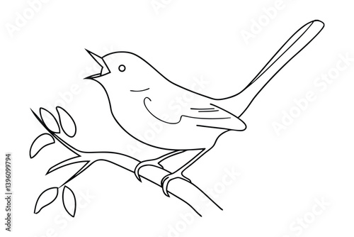 Simple Line Art Illustration Of A Singing Bird On A Branch