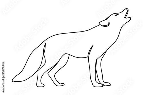Minimalist Line Art Drawing Of A Howling Wolf Standing Isolated On White