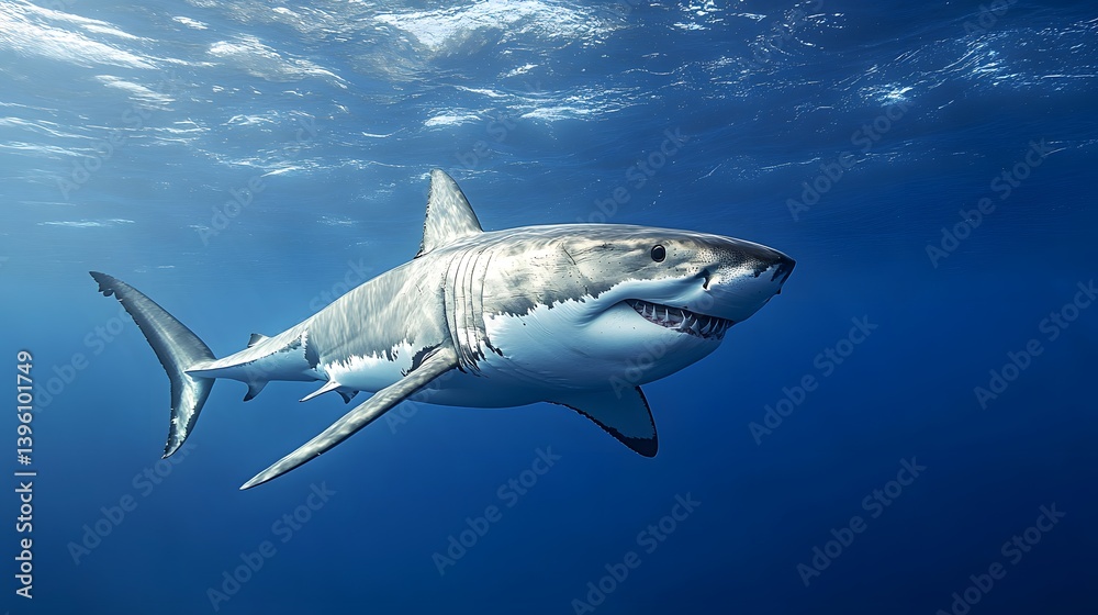 Naklejka premium Majestic Marine Predator: The great white shark glides through its underwater realm, its sleek form and powerful presence captivating the viewer, showcasing its primal beauty.