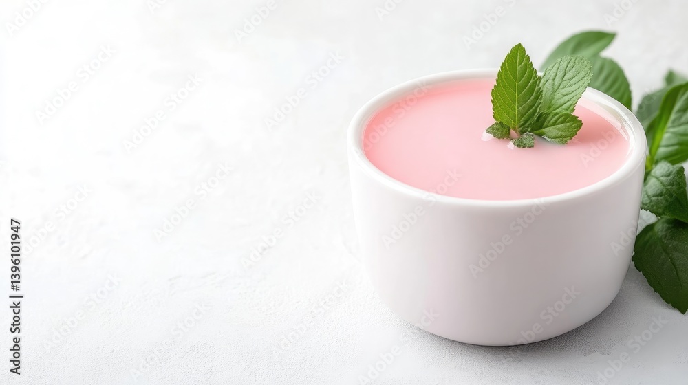 Pink drink in white bowl, garnished with mint Pink drink in white bowl, garnished with mint