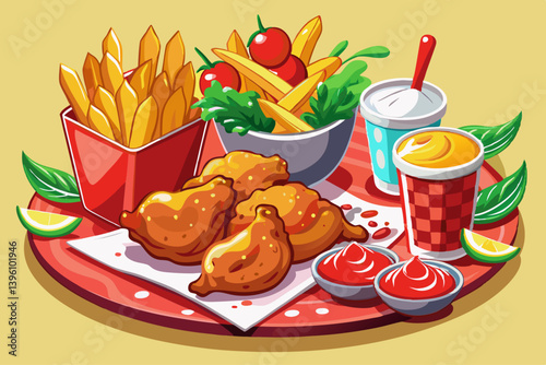  vector of Fried chicken with chili sauce and fries