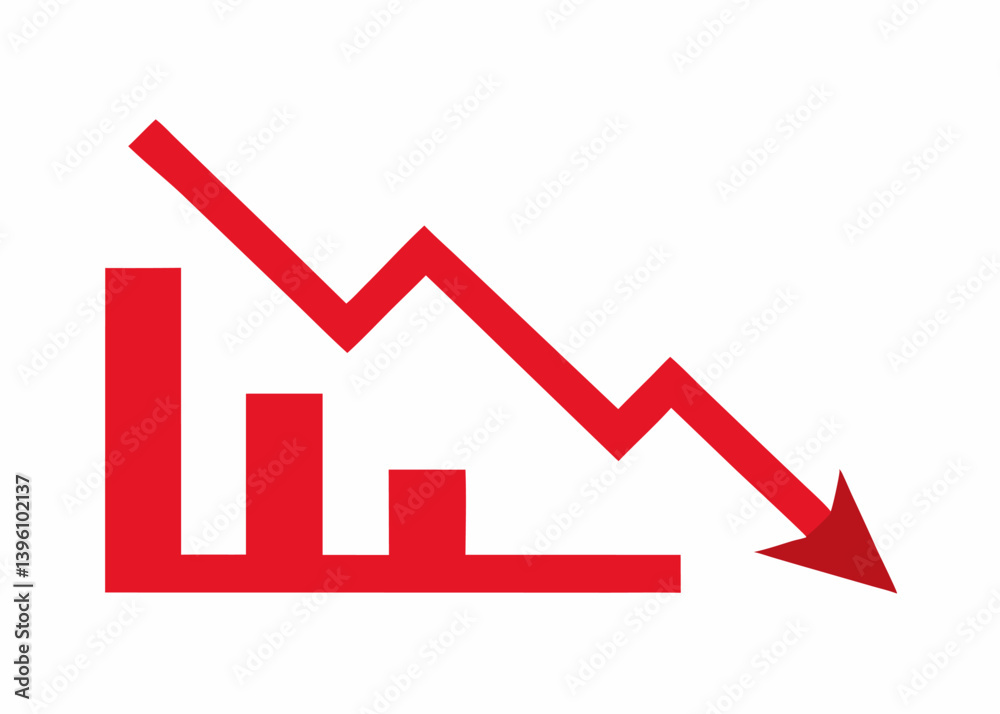 Economic Downturn: A bold graphic represents the concept of economic decline, a downward-sloping red arrow and bars graphically portray the drop in economic figures. Economic Downturn: A bold graphic represents the concept of economic decline, a downward-sloping red arrow and bars graphically portray the drop in economic figures.