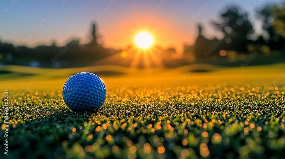 Stunning close-up of a golf ball resting on lush green grass during a beautiful sunset : Generative AI