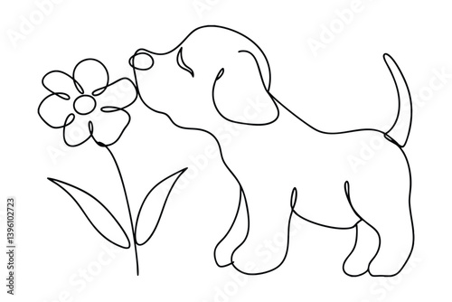 Puppy Sniffing Flower Continuous Line Art Vector Illustration Design Template