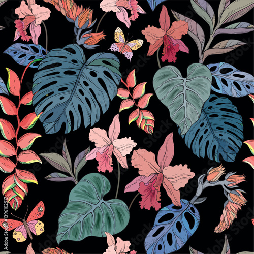 A seamless vector pattern featuring tropical leaves, vibrant flowers, and colorful butterflies on black background