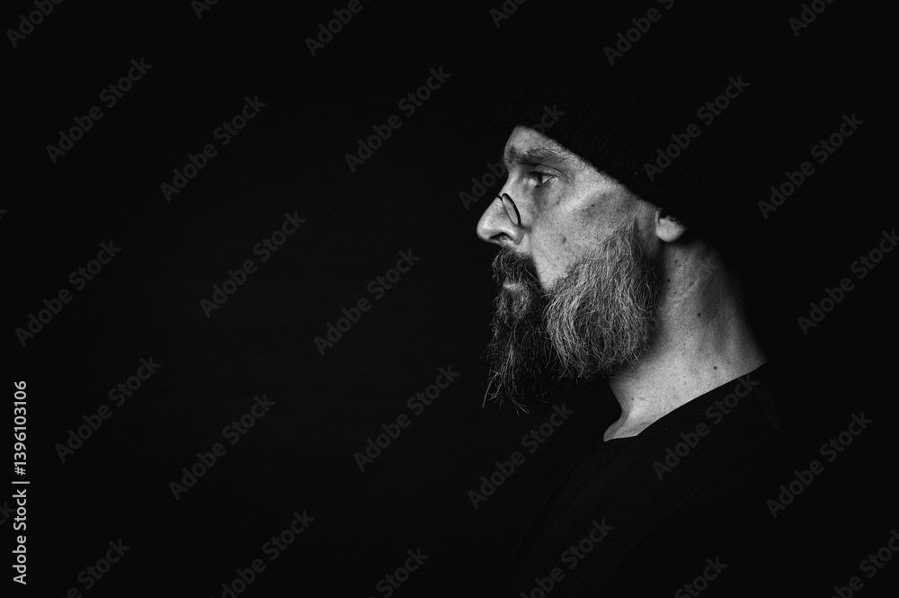 black and white, portrait, expressive mature man with sharp gaze and frowning face, wearing glasses and knitted hat, looking aside. Dramatic portrait with strong emotions on dark background, gaze.