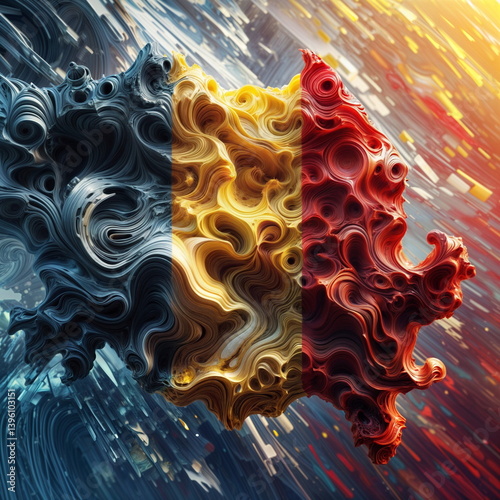 Abstract digital depiction of Romania flag with wavy textures and vibrant swirling colors