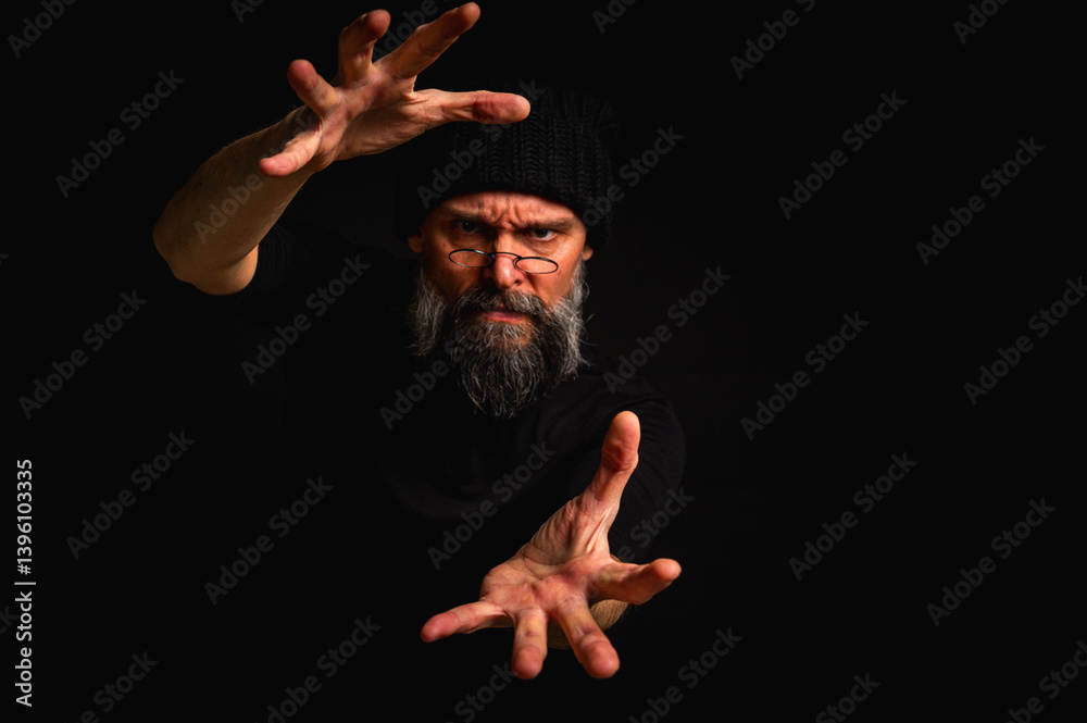 Dramatic portrait of an energetic man with a beard and glasses reaching out to the camera, trying to take it with his hands. Subtle lighting, emotional expression, dark background, mysterious concept