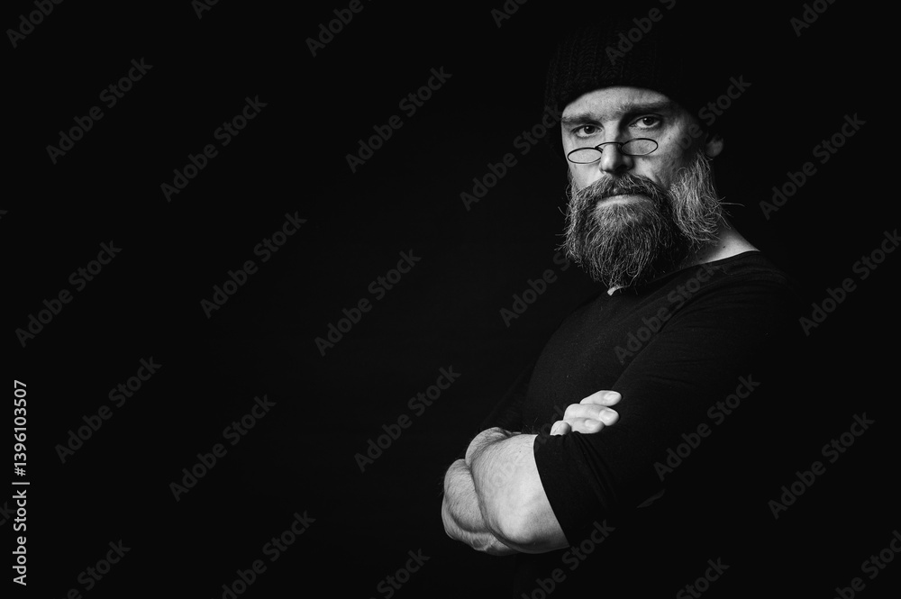 Fototapeta premium Black and white portrait of a stylish confident mature man in a black knitted hat with a beard and glasses. A keen look, an emotional gray beard and a black vest. A stylish restrained portrait on a da