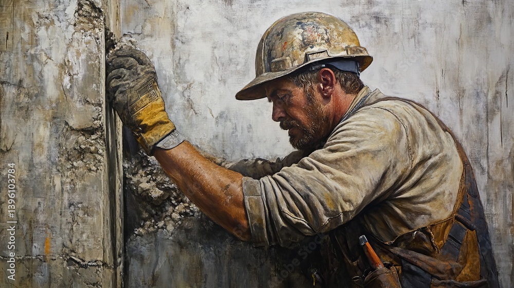 Construction worker in hard hat working on a concrete wall with gloves and focused expression Construction worker in hard hat working on a concrete wall with gloves and focused expression