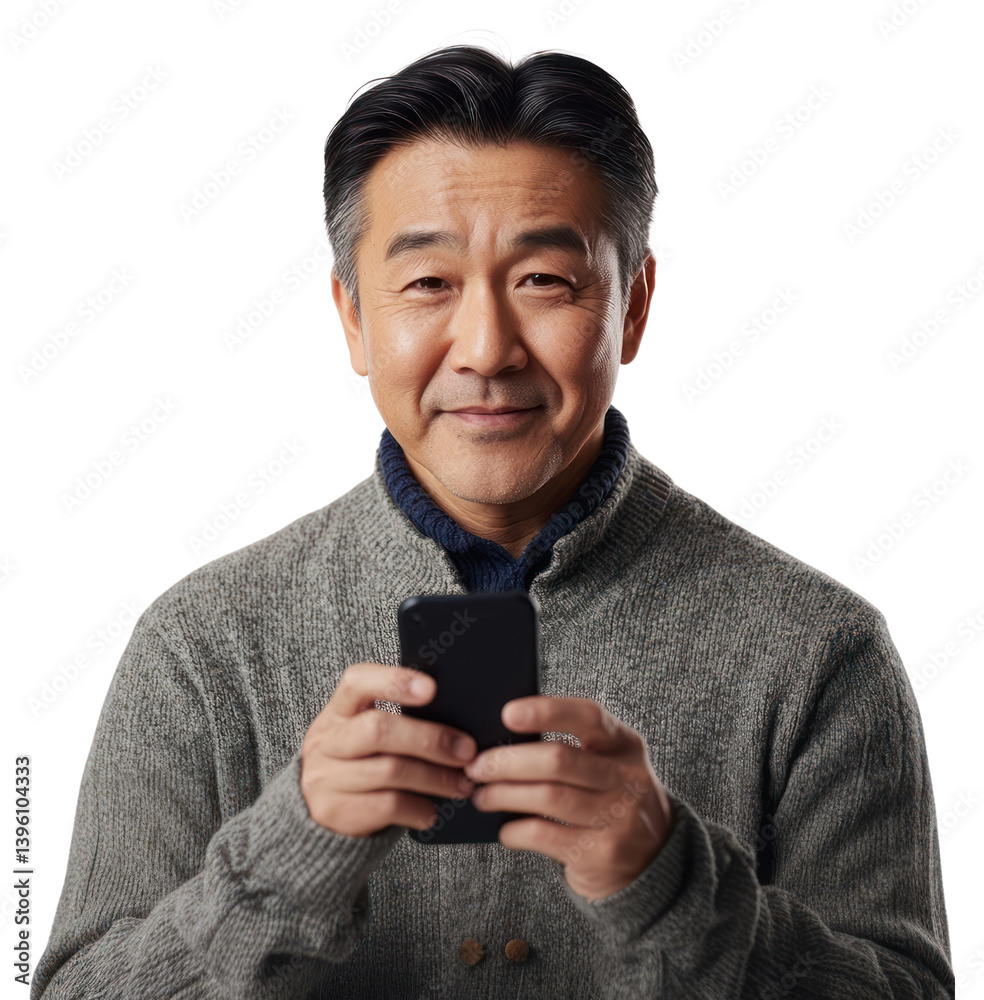 PNG Mature asian man looking young and smart using smart phone looking at camera clothing sweater smile.