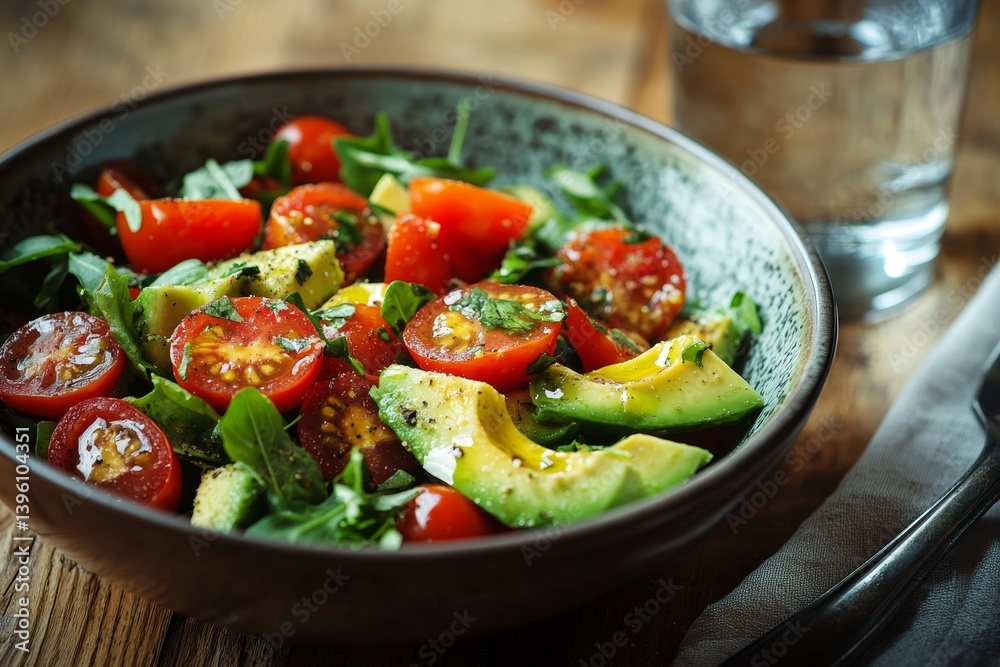 Vibrant spiced avocado and cherry tomato salad in a bowl with refreshing water glass on table Vibrant spiced avocado and cherry tomato salad in a bowl with refreshing water glass on table