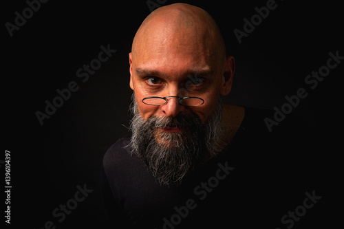 Bald bearded man with intense gaze and round glasses, half-lit in dramatic low key lighting. Mysterious look, wise expression, dark moody portrait