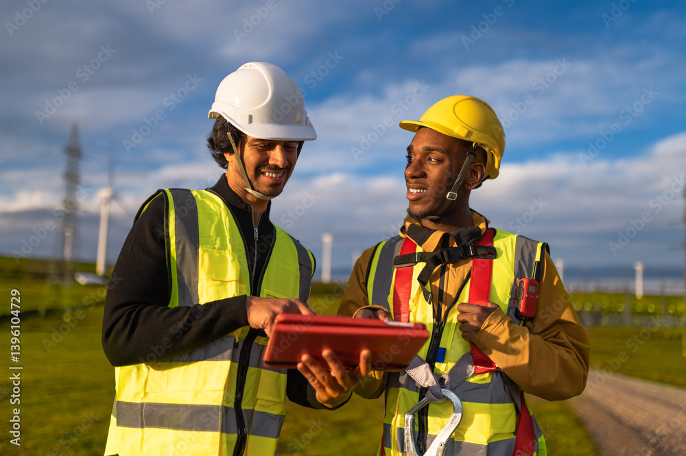 two engineers using a digital tablet, working and smiling in a wind turbine farm