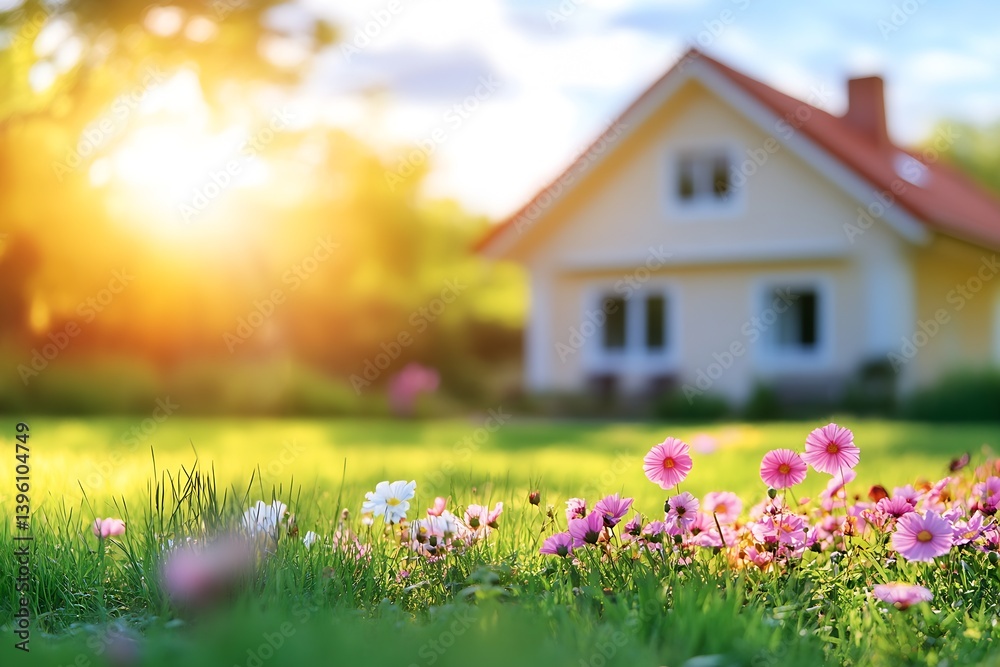 Serene evening garden scene featuring a house and colorful flowers in soft sunlight : Generative AI Serene evening garden scene featuring a house and colorful flowers in soft sunlight : Generative AI