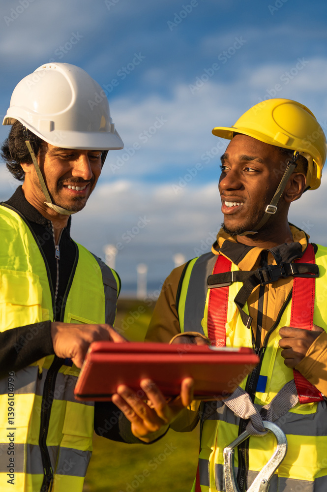 Two multi ethnic engineers using a tablet and wearing safety equipment are inspecting a wind turbine