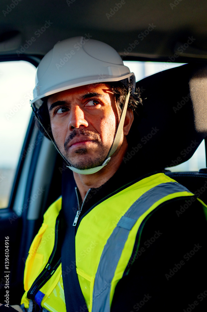 Engineer driving a car wearing a hardhat and safety vest