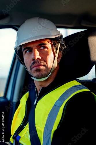 Obraz na płótnie Engineer driving a car wearing a hardhat and safety vest w salonie