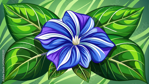Single Big Leaf Variegated Periwinkle (Vinca major variegata) a large leafed evergreen deep blue flower on a green leaves background.