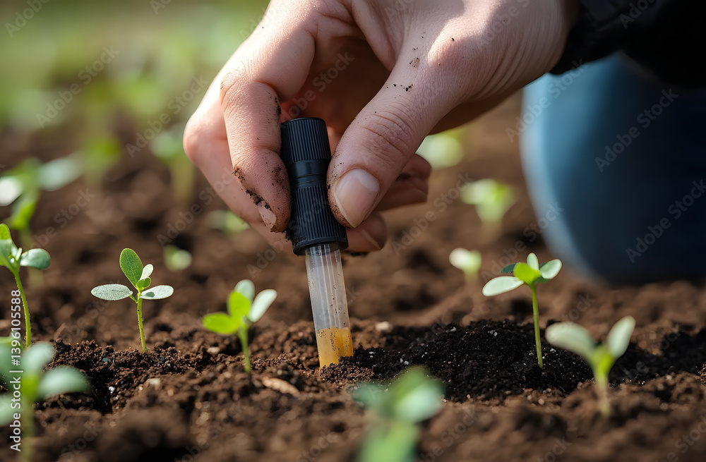 Person takes soil sample near small seedlings for soil test. Examining carbon sequestration, plant health with modern tech. Testing soil ph level with tube, nutrient content, texture. Sustainable