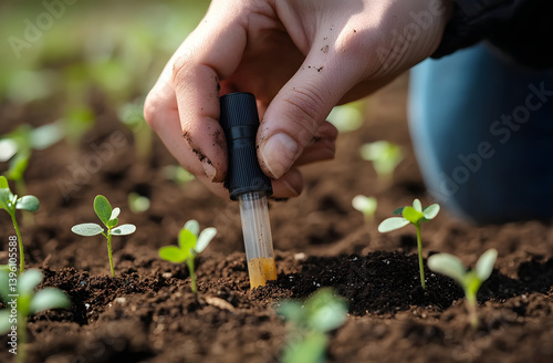 Obraz na płótnie Person takes soil sample near small seedlings for soil test. Examining carbon sequestration, plant health with modern tech. Testing soil ph level with tube, nutrient content, texture. Sustainable w salonie
