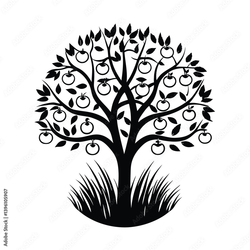 Obraz premium Minimalist Black Apple Tree Silhouette with Round Fruits and Grass on White Backdrop