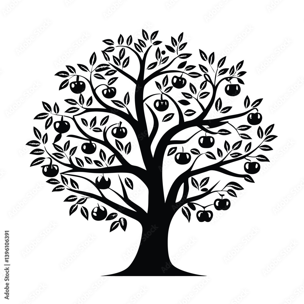 Obraz premium Apple Tree Silhouette with Leaves and Fruit Isolated on White Background Patterned Design