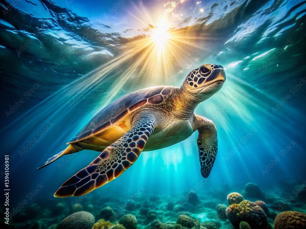 Obraz premium Majestic Sea Turtle Gracefully Swimming Through Sunlit Ocean Water