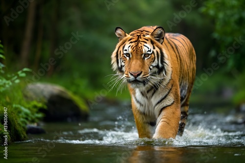 Majestic Bengal Tiger Walking Through Clear Stream In Jungle Forest Natures Splendor Wild Animal Close Up Portrait, bengal tiger, tiger, wildlife, animal, nature, predator, wild, mammal, feline