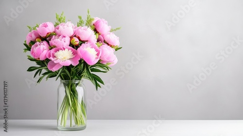 Wallpaper Mural A bouquet of pink peonies in a clear glass vase on a minimalist white table, soft focus background, and elegant floral arrangement for home decor. Torontodigital.ca