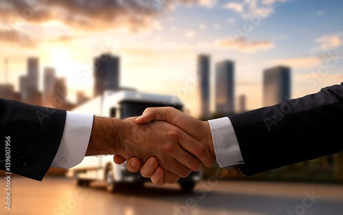 Businessmen handshake with trucking deal.