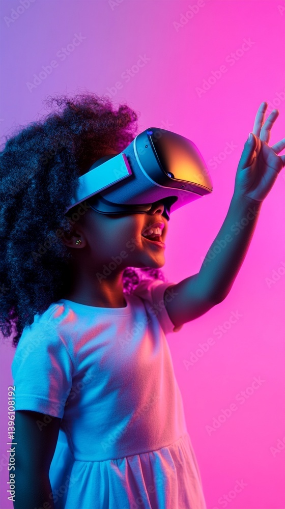 Immersive virtual reality experience captivates young explorer, blending cutting-edge technology with childhood wonder in a vibrant neon-colored studio setting Immersive virtual reality experience captivates young explorer, blending cutting-edge technology with childhood wonder in a vibrant neon-colored studio setting