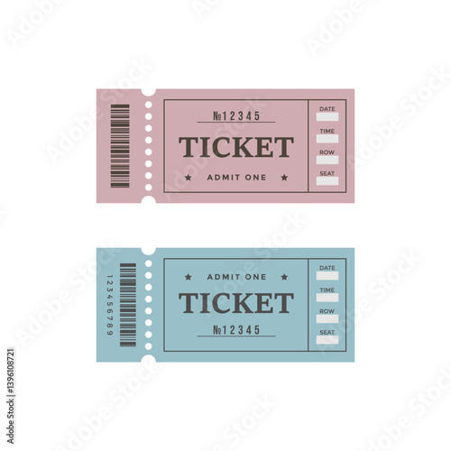 Vector design of two tickets with a tear-off part. The ticket has a barcode and the inscriptions "Ticket, admit one, date, time, row, seat"