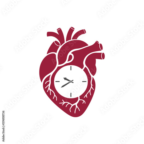 An illustration of an anatomical heart with a clock silhouette inside in a double exposure style. Can be used in logos, posters, book and album covers, tattoo designs.