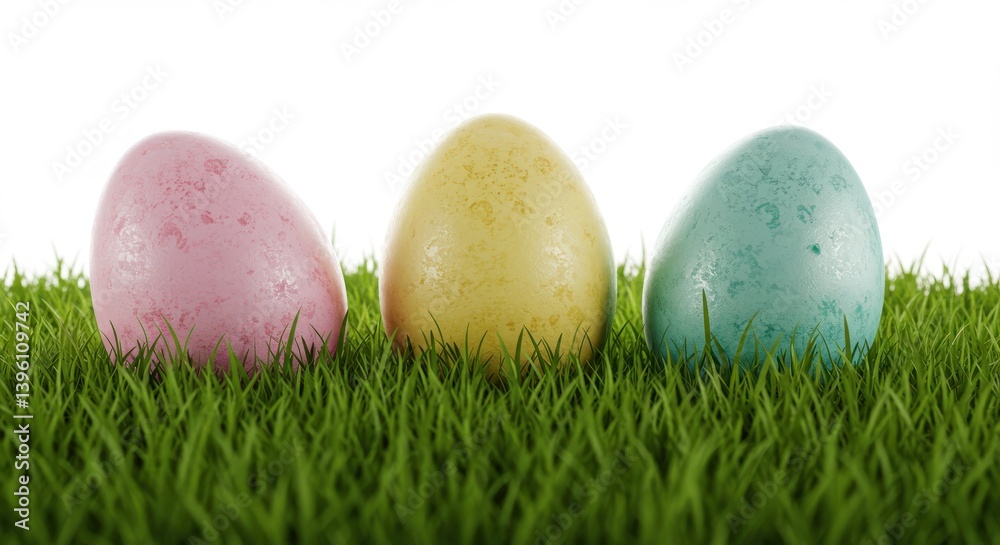 Three pastel easter eggs nestled in lush green grass against a bright white background for the holiday Three pastel easter eggs nestled in lush green grass against a bright white background for the holiday