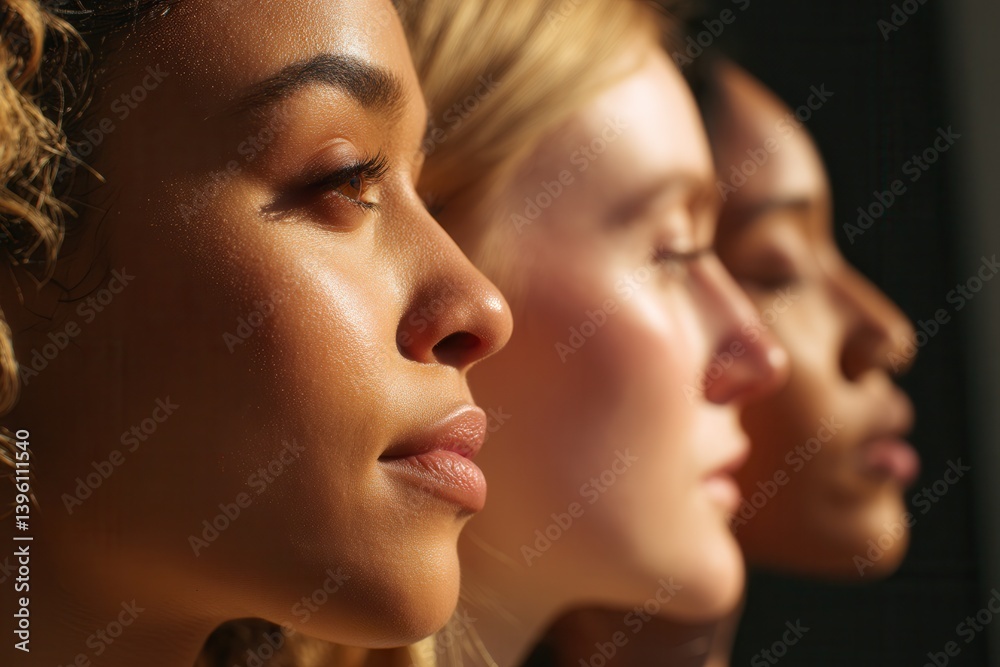 Profile view of diverse women in sunlight. Profile view of diverse women in sunlight.