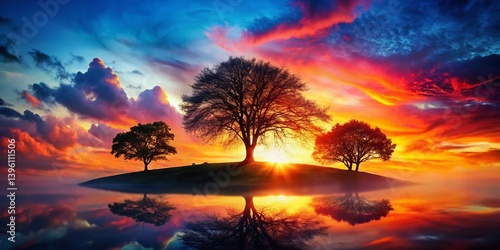 Majestic Sunset Double Exposure: Hillside Trees Silhouette