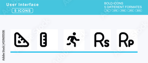 Set of 5 bold user interface icons,rugby, helmet, ruler, combined, horizontal, triangle