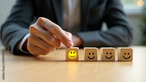 Customer service evaluation and satisfaction survey concepts. The clients hand-picked the 
happy face smile face symbol on wooden blocks, feedback review, rating excellent. positive questionnaire.
