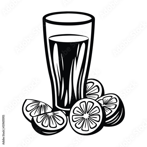 Monochrome tall glass silhouette, filled liquid, surrounded by citrus fruit slices