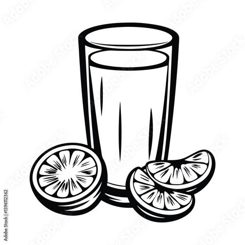 Black and White Tall Glass with Liquid and Sliced Orange Arrangement
