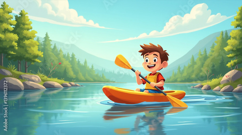 Smiling Boy Kayaking on a Lake – Sunny Nature Adventure Vector Illustration