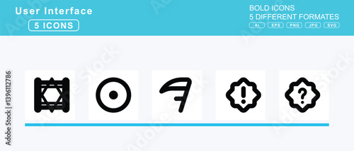 Set of 5 bold user interface icons,scissors, screen, screencast, scribble, scroll, torah